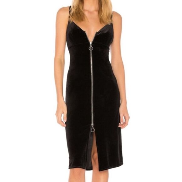 7 For All Mankind Black Velvet Midi Dress Bodycon Silver Zip Front Sheath LBD XS - Picture 1 of 12